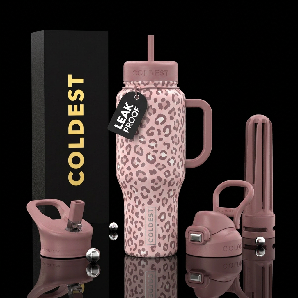 snow leopard, dusty pink water bottle design