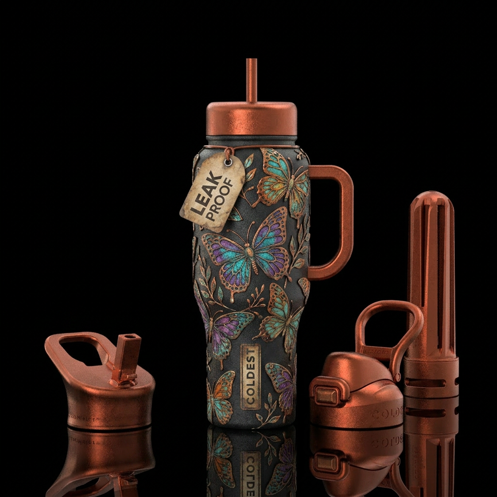 rugged, rustic, butterfly water bottle design