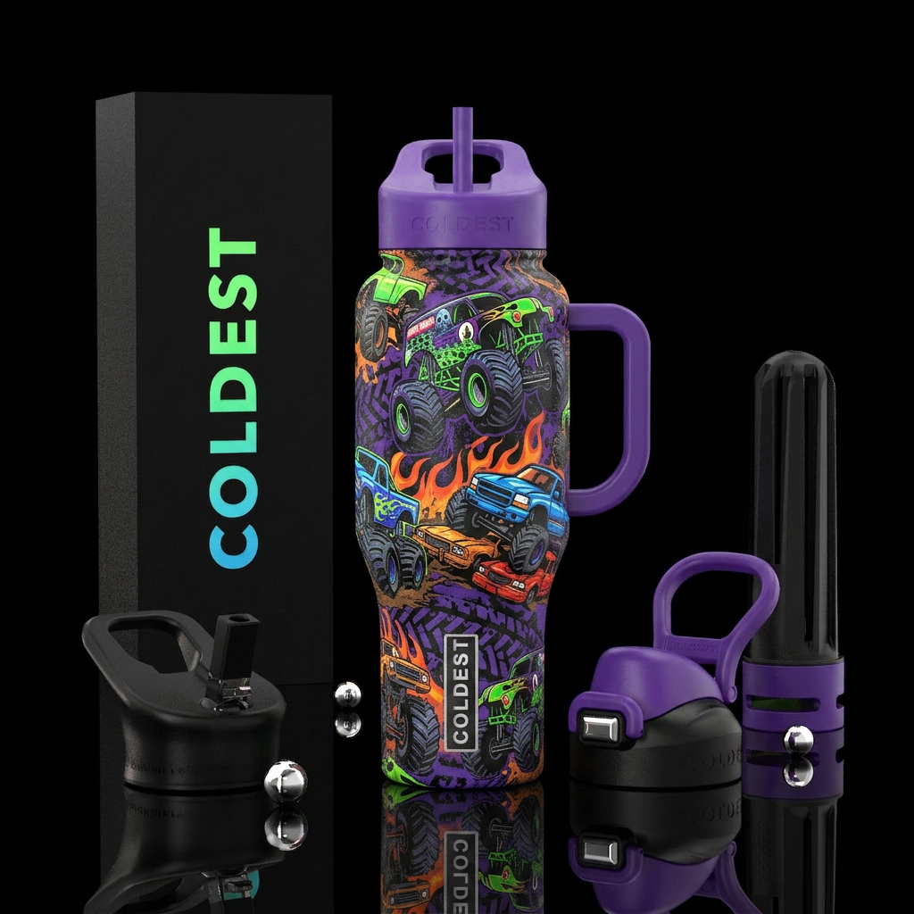 Monster trucks water bottle design