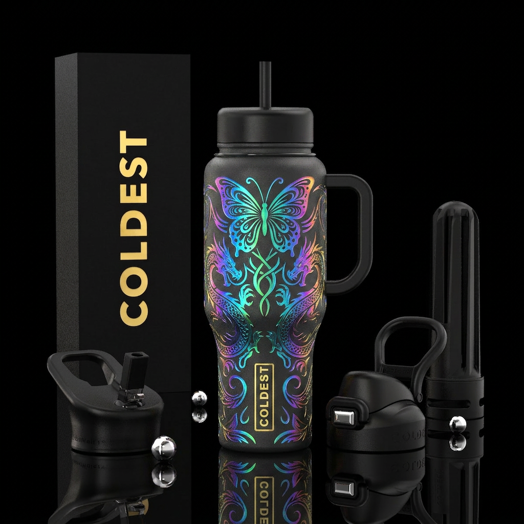 glowie, vibrant, butterfly, dragon water bottle design