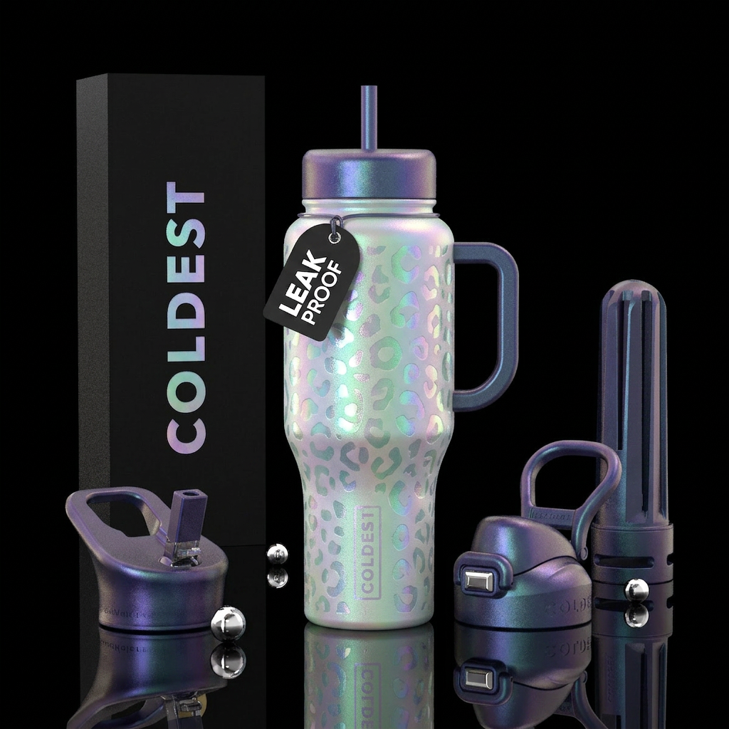 opalescent, snow leopard water bottle design