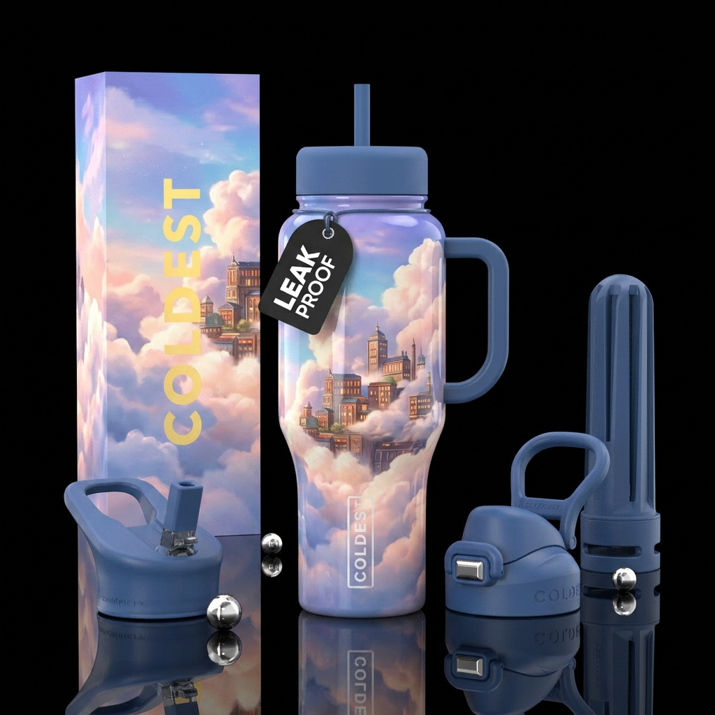 glossy, cloud city water bottle design