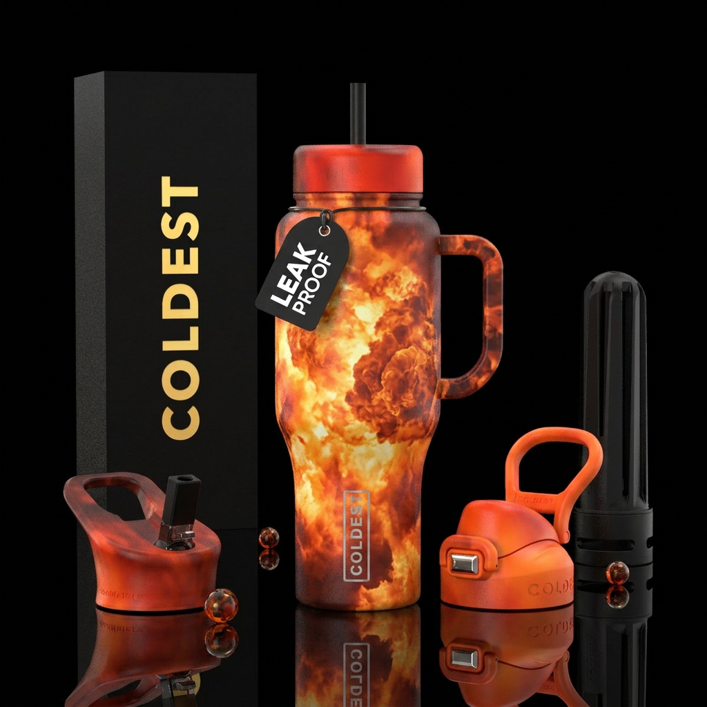firery, explosive, clouds water bottle design