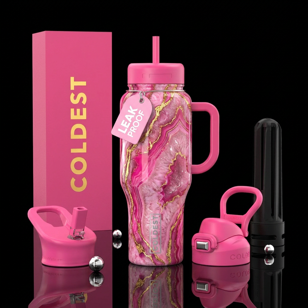 Hot pink, pink, baby pink geode with gold througho... water bottle design