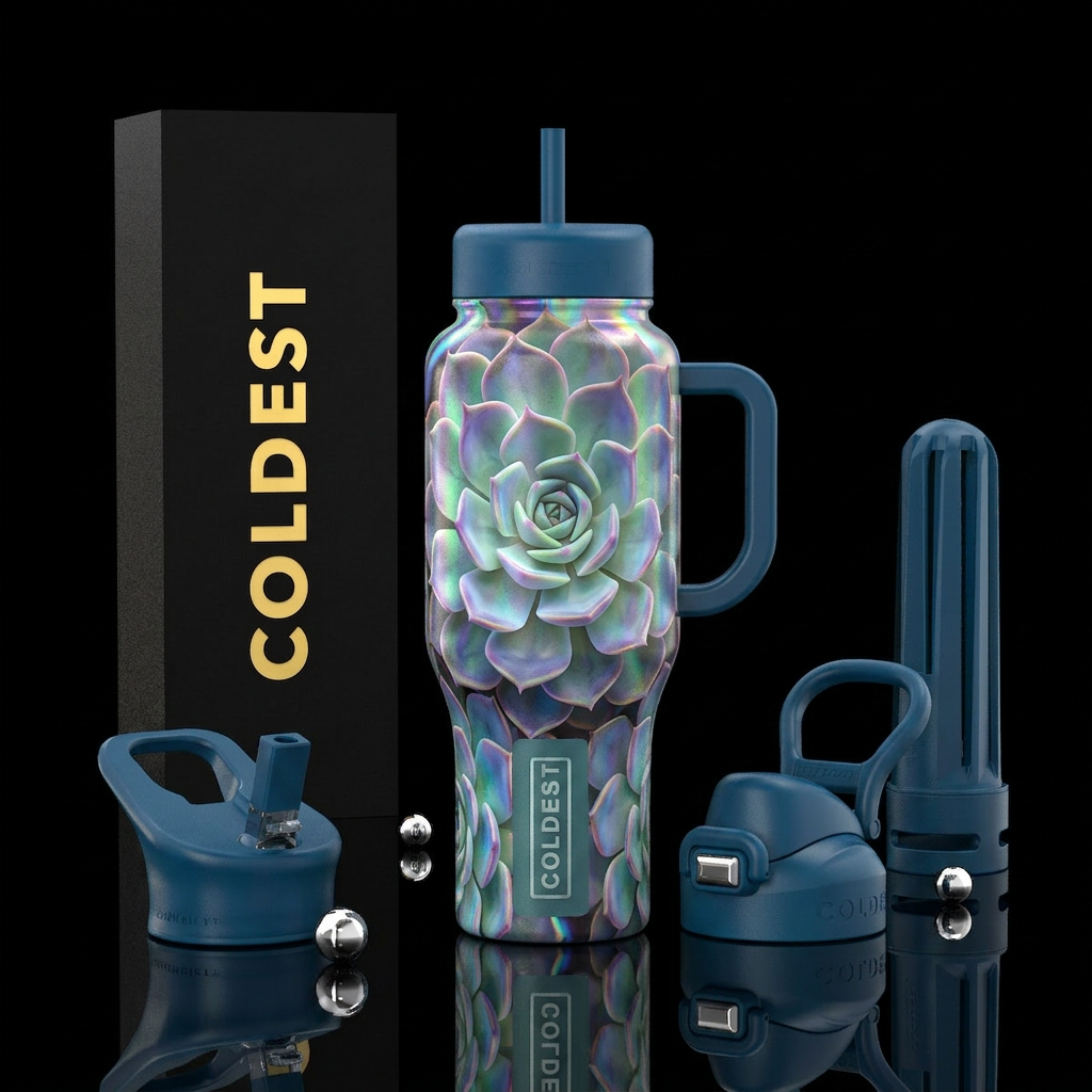 holographic, succulent water bottle design