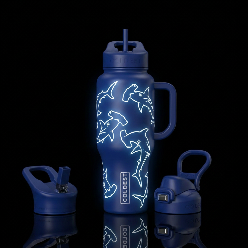 Deep blue bottle with white hammerhead shark outli... water bottle design