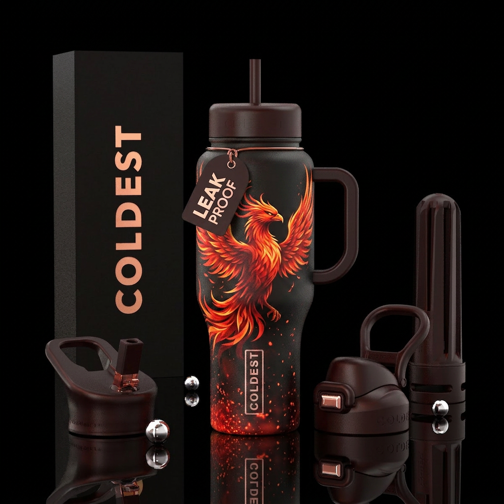 A fiery red and orange phoenix on a dark colored b... water bottle design