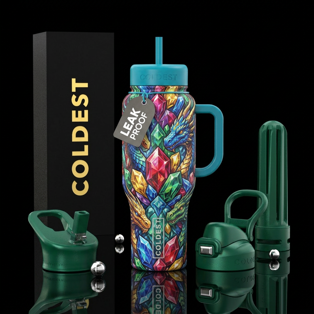 abstract, gemstone, dragon water bottle design
