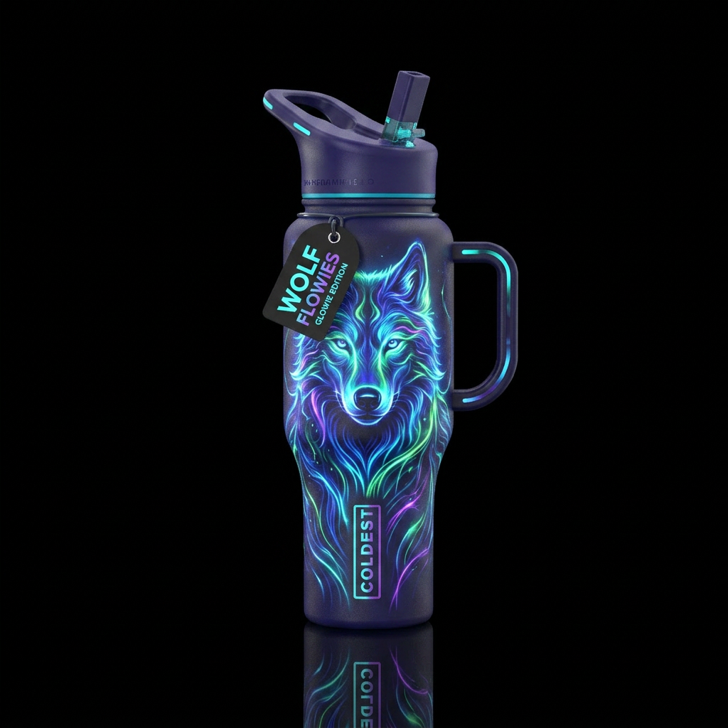 wolf, glowie water bottle design