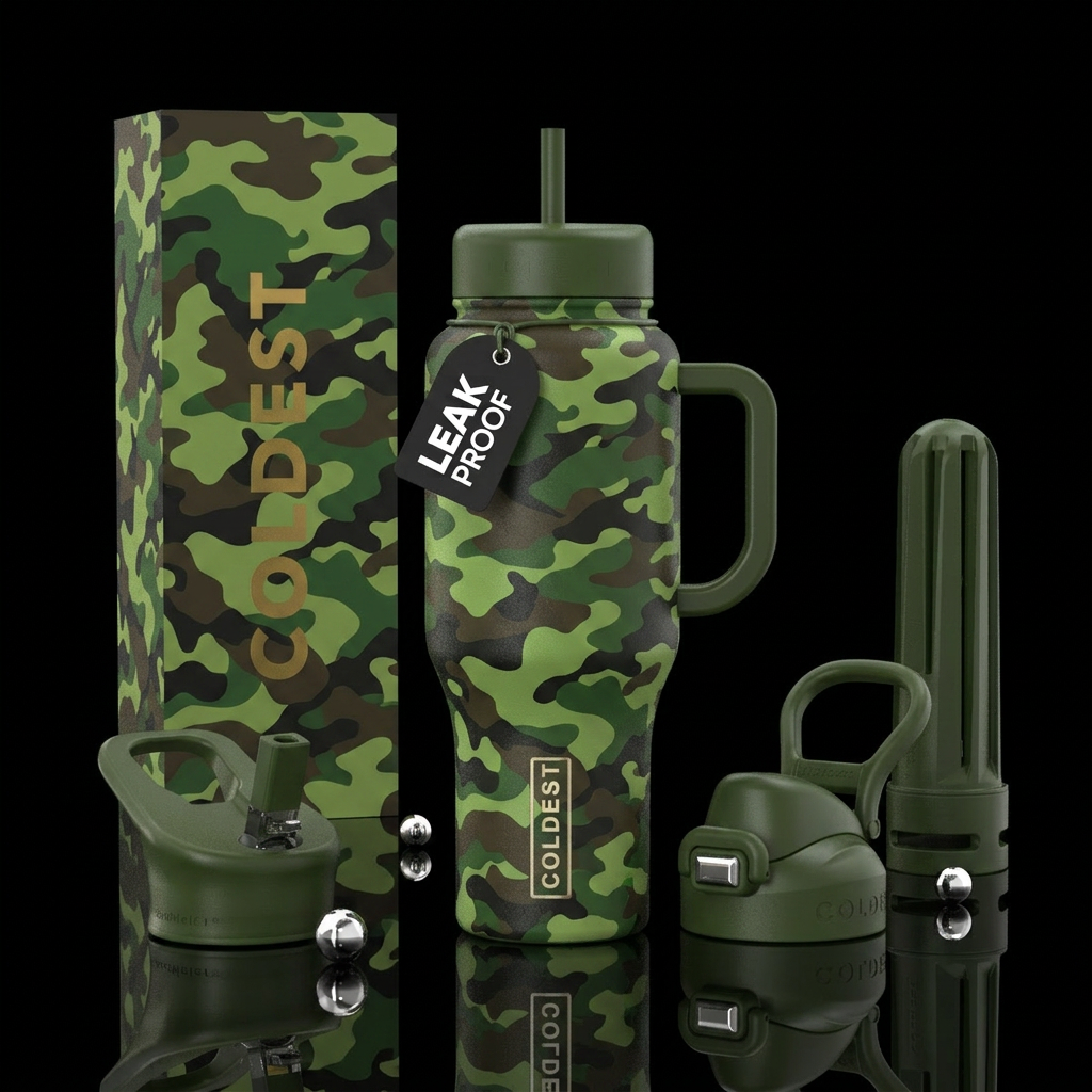Green camo water bottle design