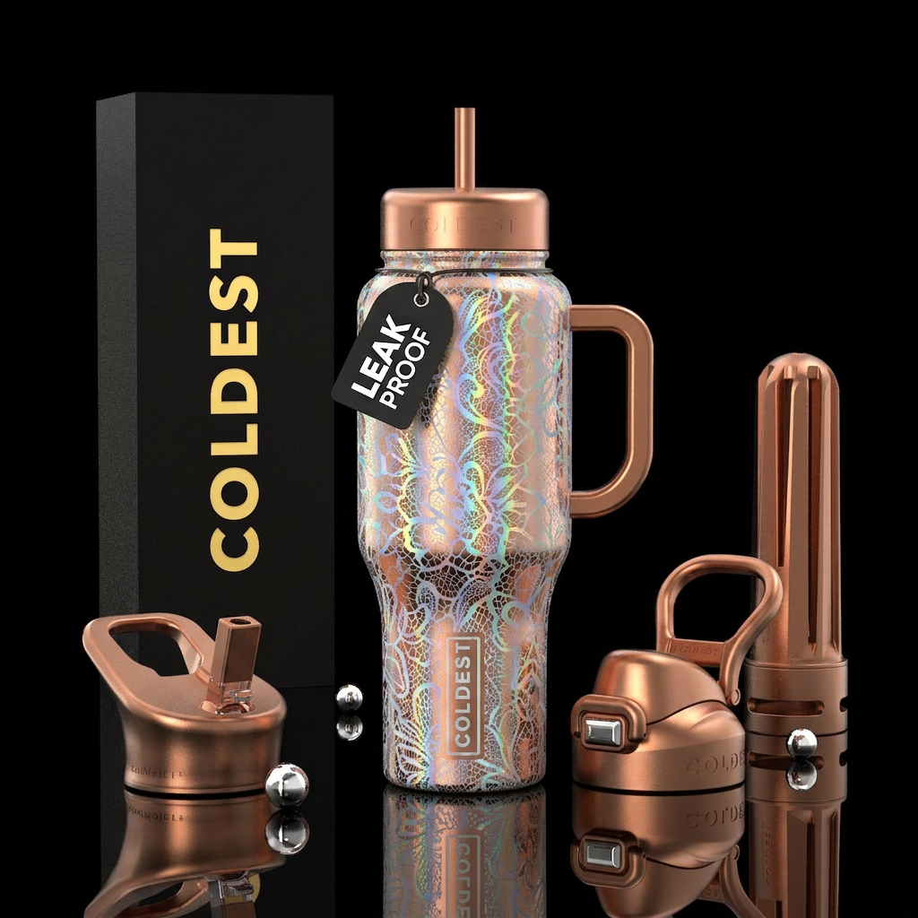 Holographic lace print on a copper colored bottle water bottle design