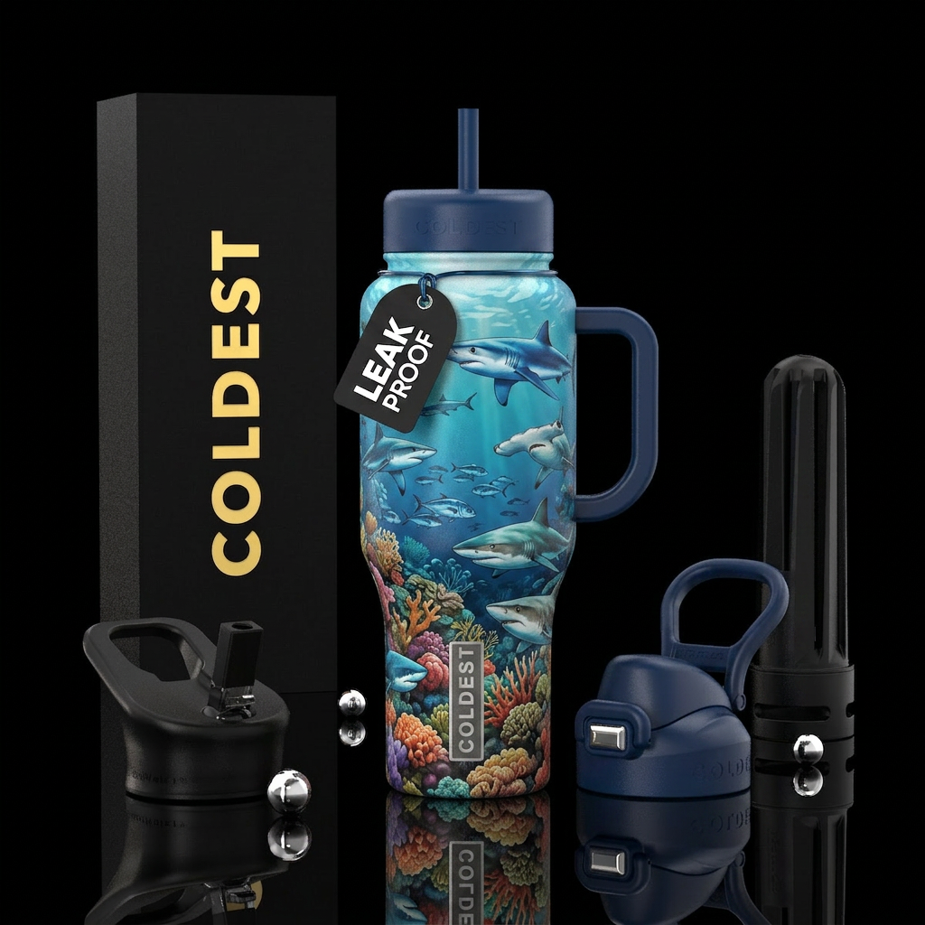 , sharks, ocean, coral reef water bottle design