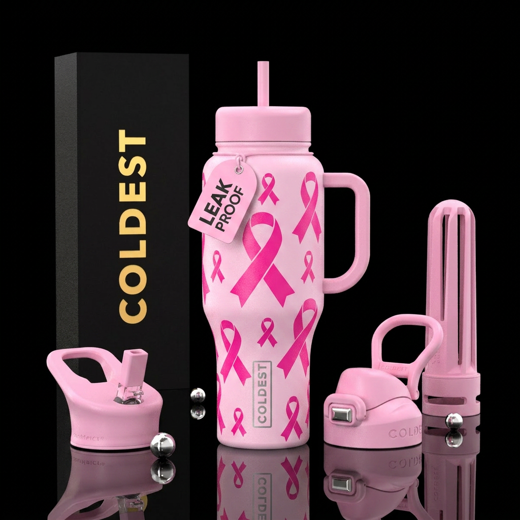 Light pink bottle with hot pink cancer ribbons water bottle design