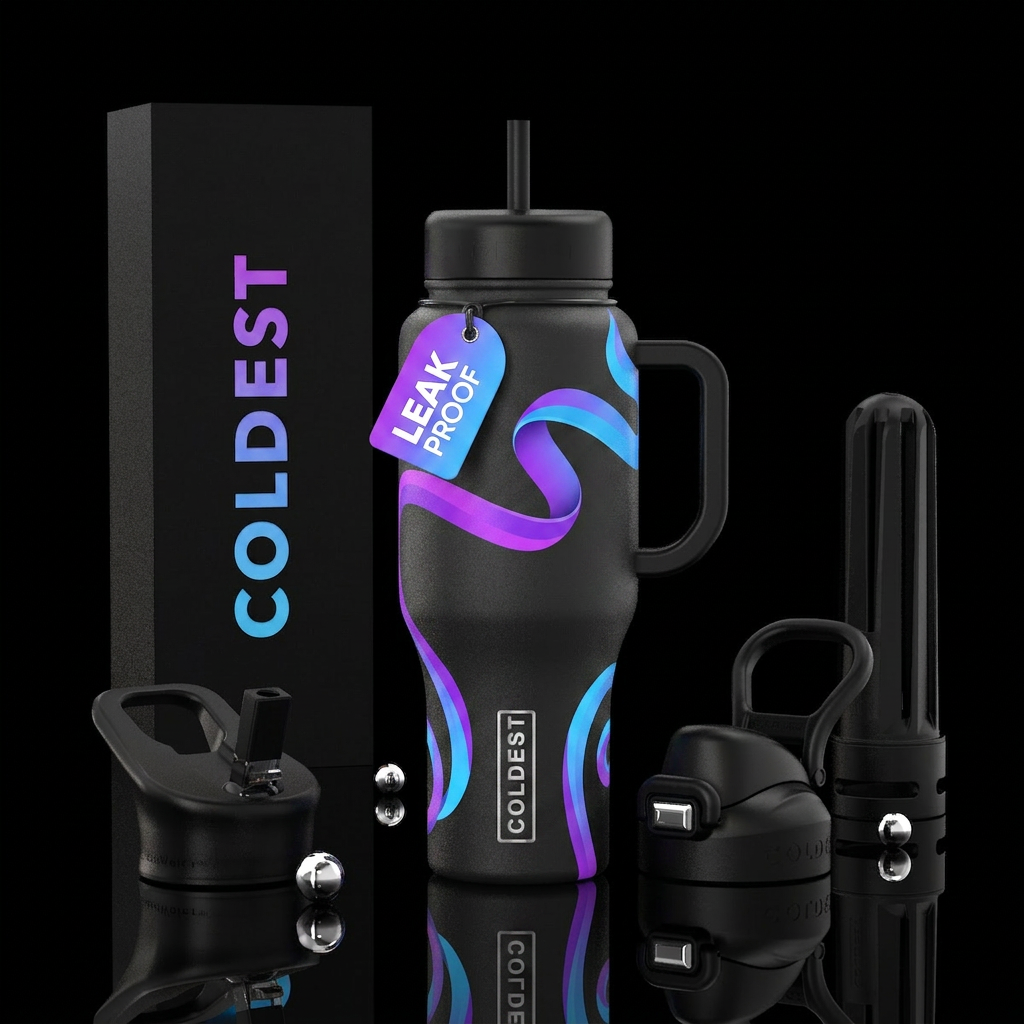 Black bottle with a bright purple and bright blue ... water bottle design