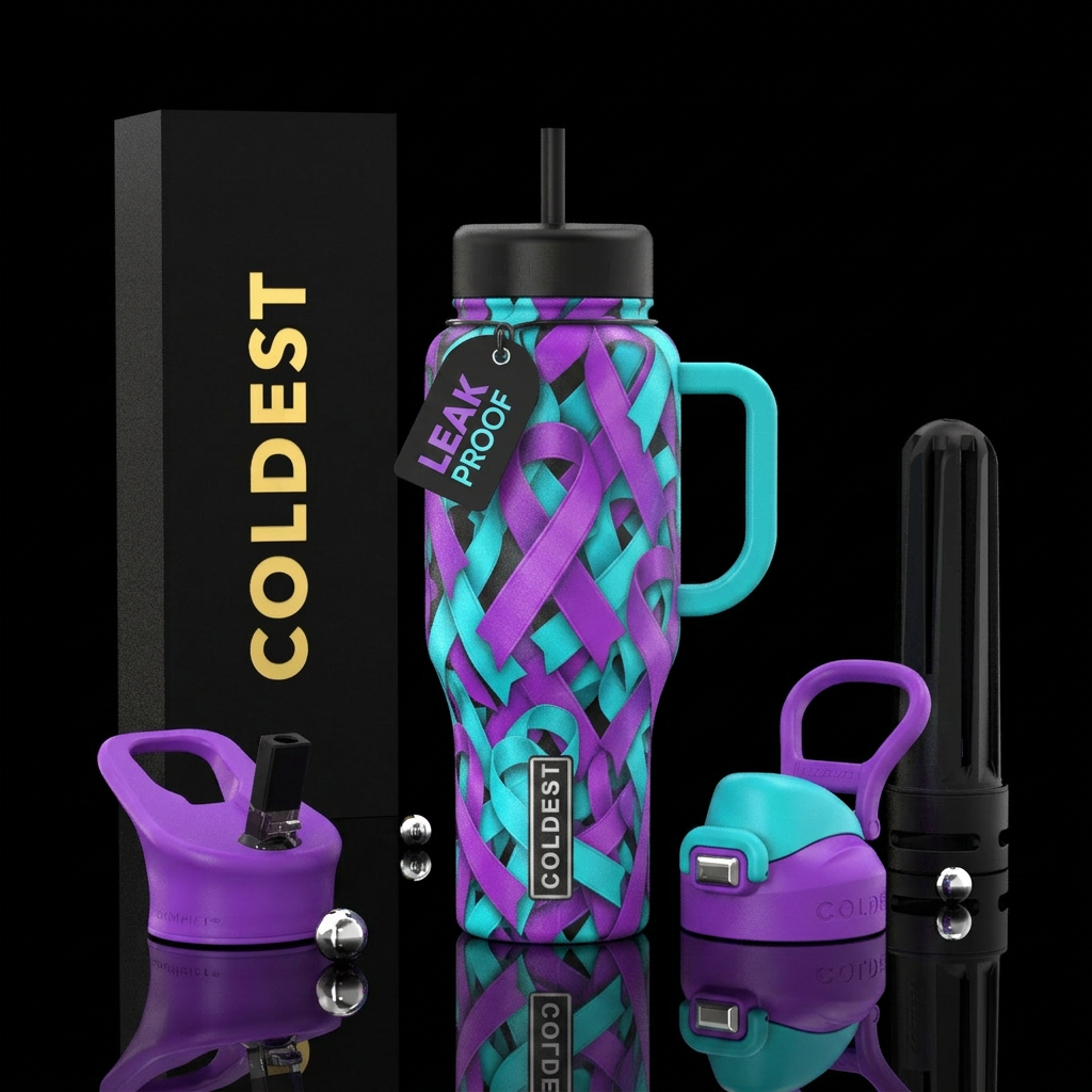 Black bottle with a bright purple and bright teal ... water bottle design