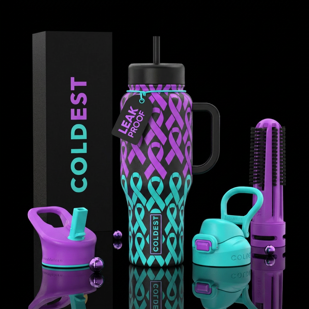 Half bright purple and bright teal cancer ribbon water bottle design