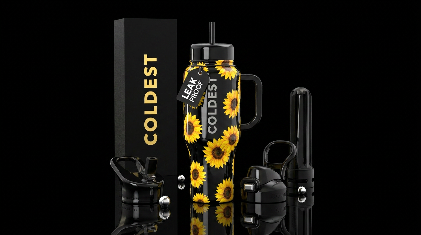 A glossy black bottle with vibrant yellow sunflowe... water bottle design