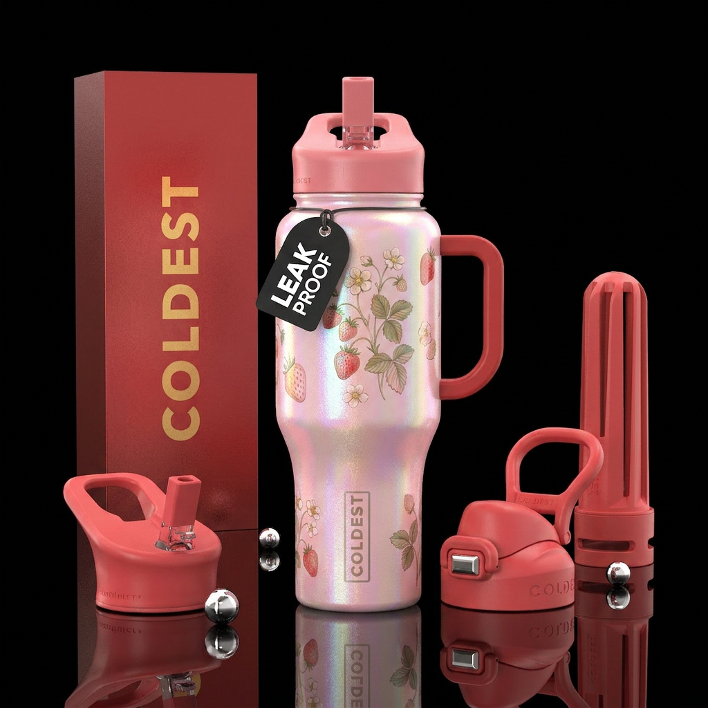 strawberry, opalescent water bottle design