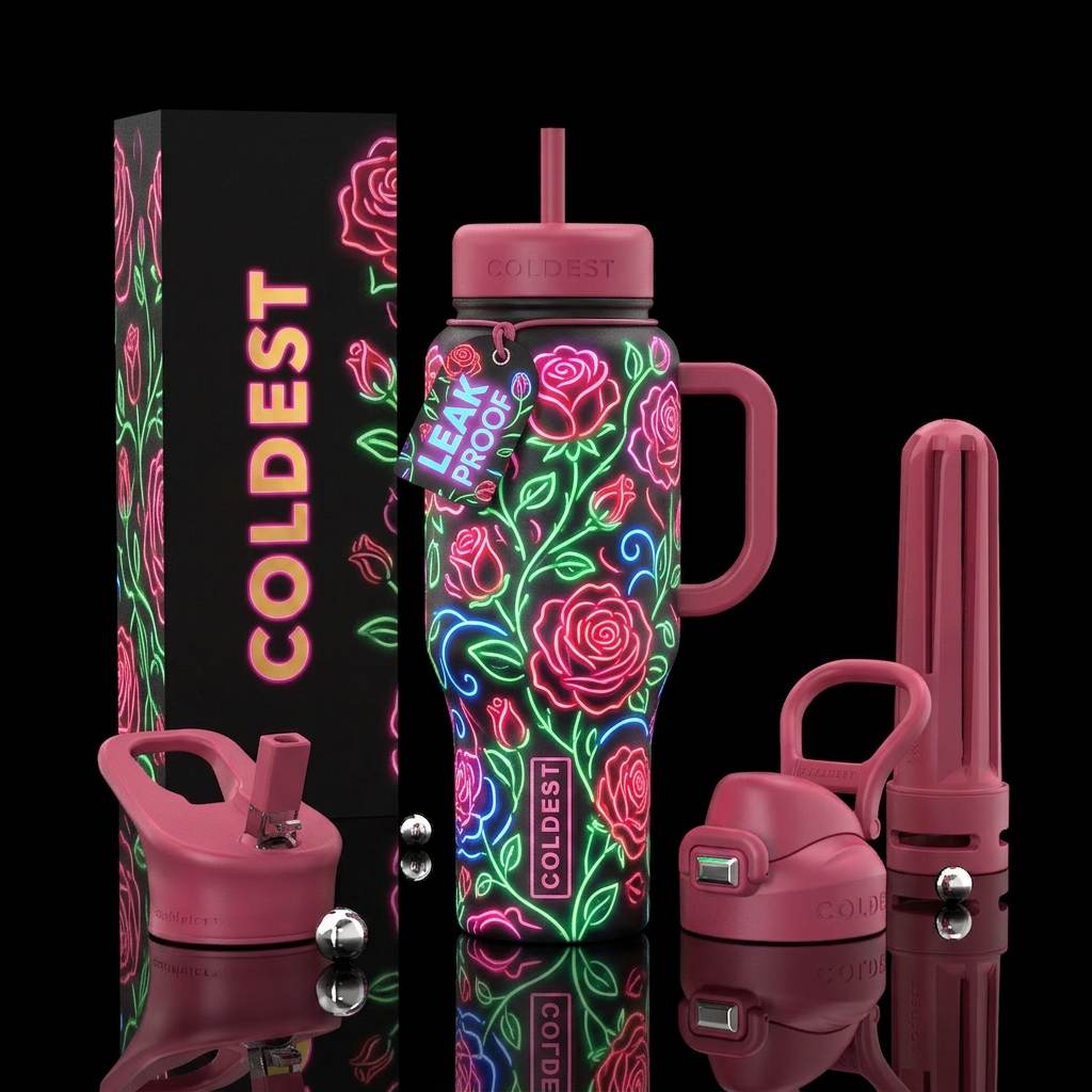 neon, rose garden water bottle design