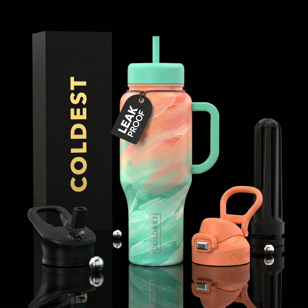 seafoam, sunset, brush stroke water bottle design