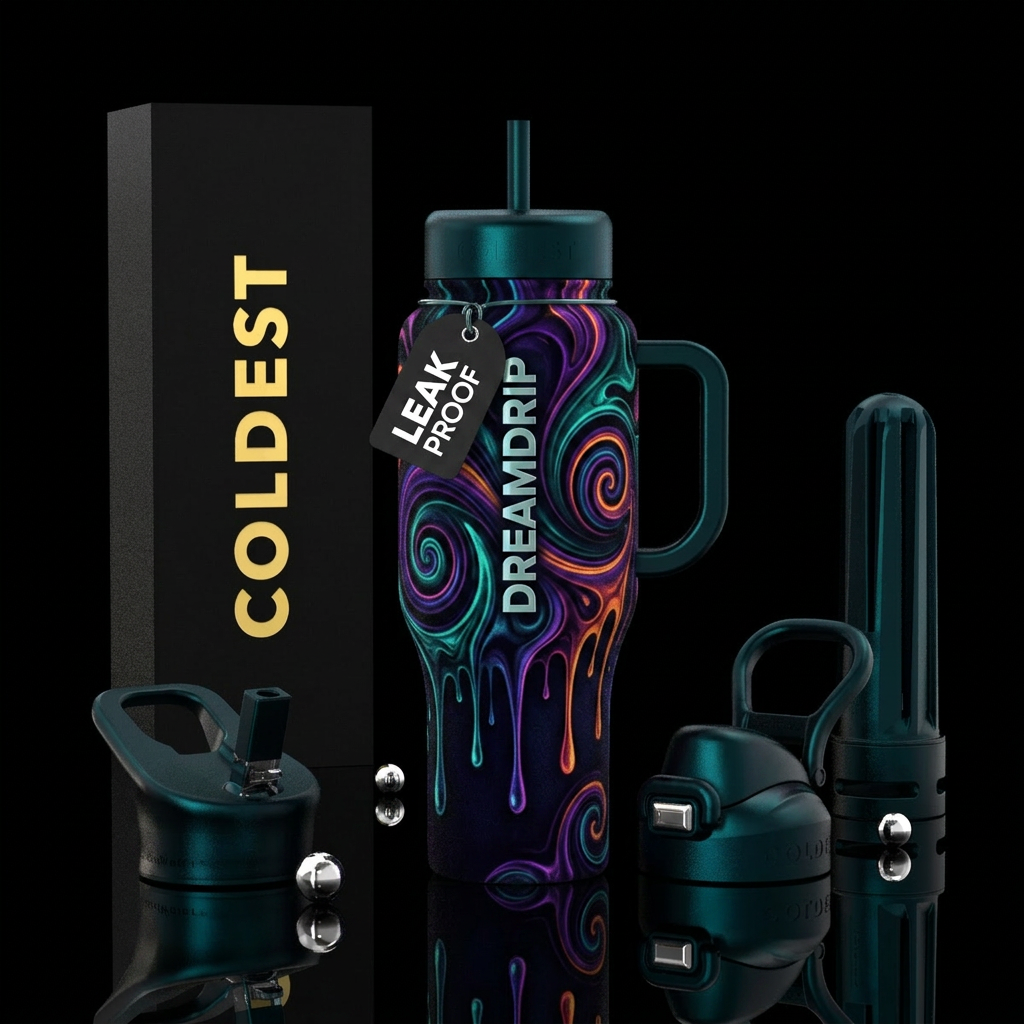 dark mood, swirls, spirals, dripping water bottle design