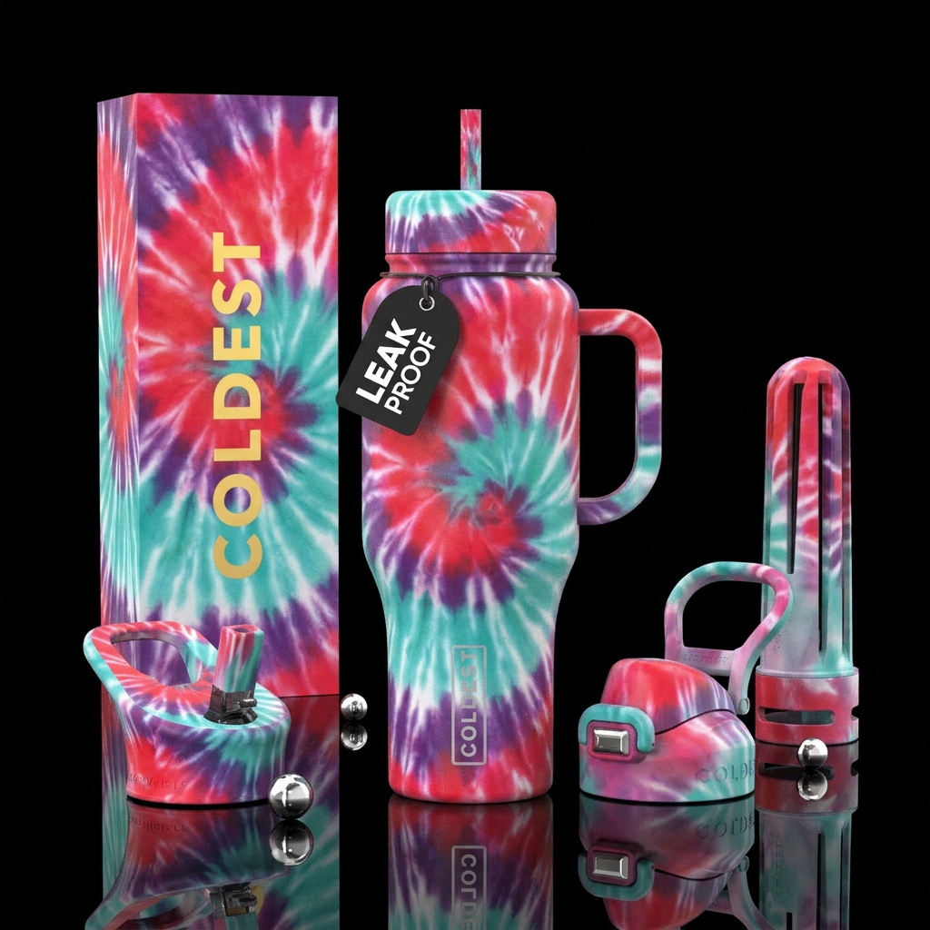 Red, pink, purple, white, teal tie dye water bottle design