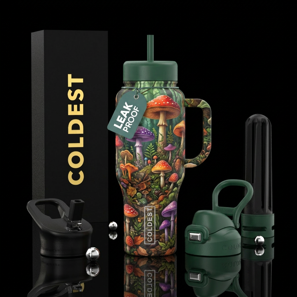 mushroom forest water bottle design