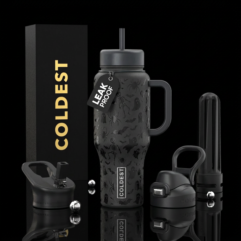 Spiders, bats, ghosts, skeletons water bottle design
