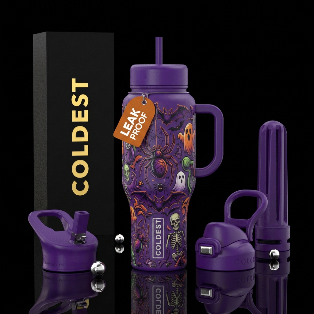 Spiders, bats, ghosts, skeletons water bottle design