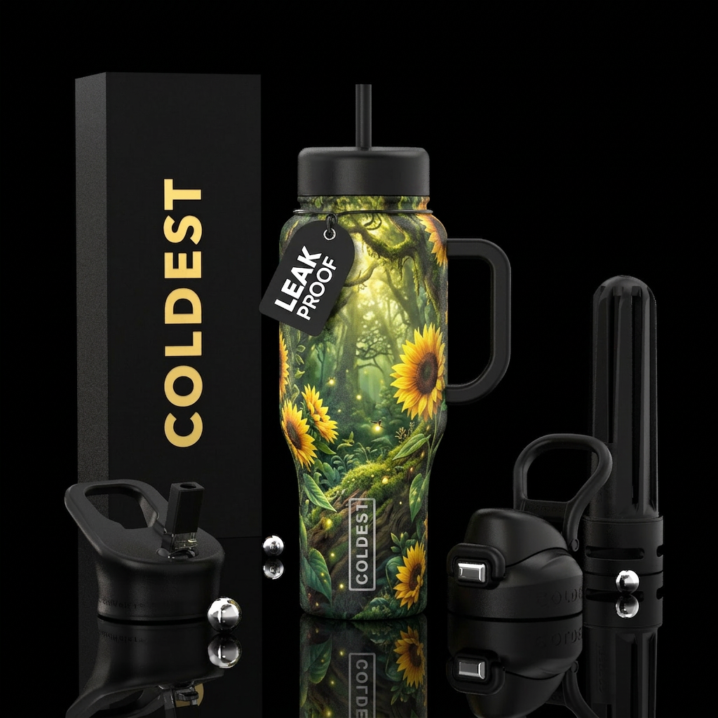 enchanted woods, sunflower water bottle design