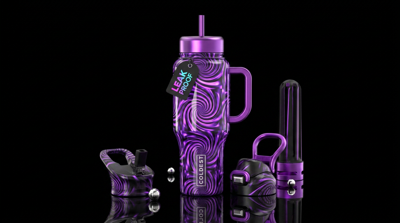 swirls, spirals, glowie, purple and black ombre bo... water bottle design