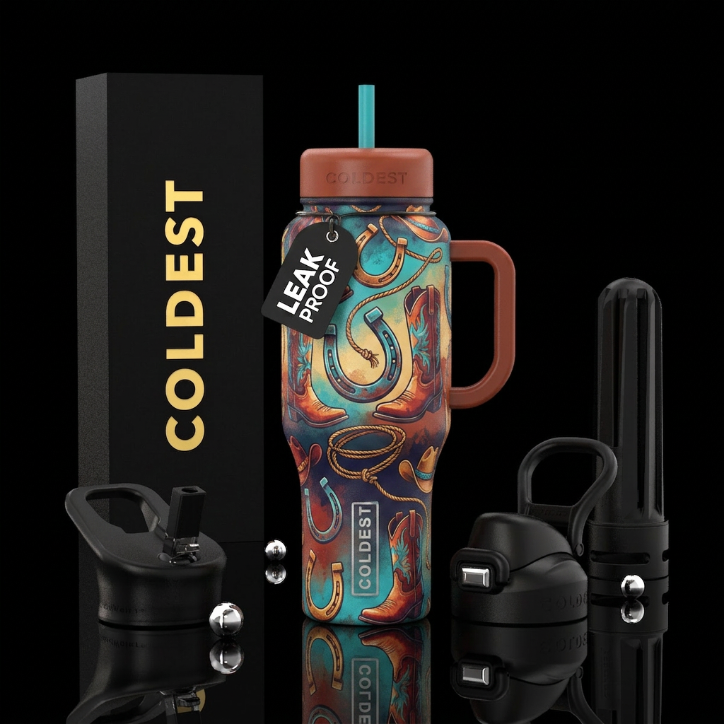 Horseshoes, cowboy boots, lassoes, cowboy hat water bottle design