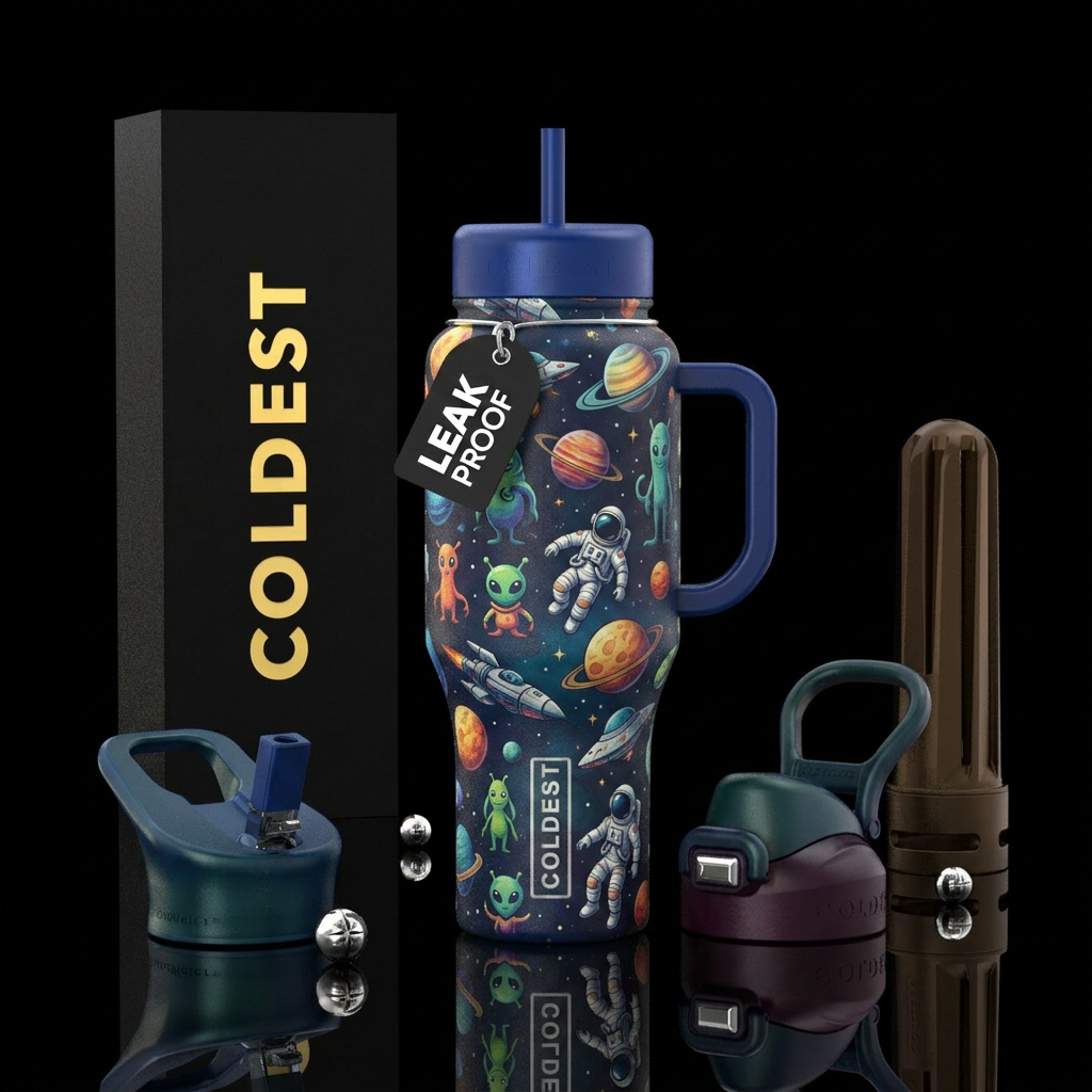 Planets, aliens, spaceships, astronauts water bottle design