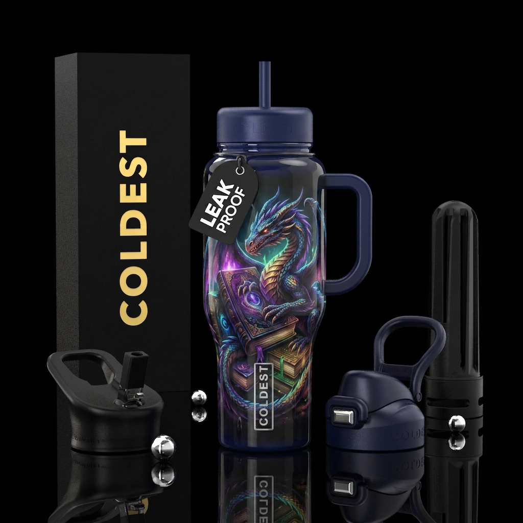Glowie mysterious books being guarded by a dragon water bottle design
