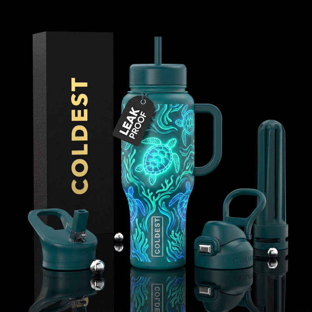 teal, turtle, glowie water bottle design