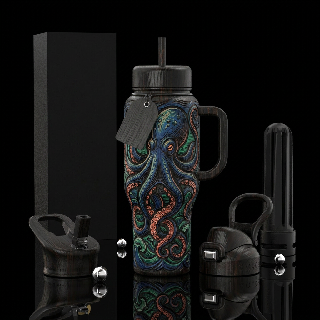 woodcut, kraken water bottle design
