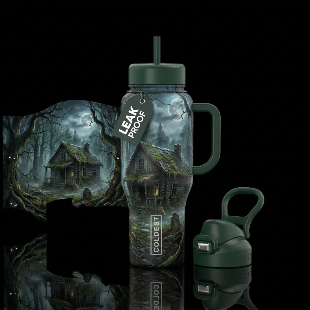 a old abandoned cabin in the middle of a creepy fo... water bottle design