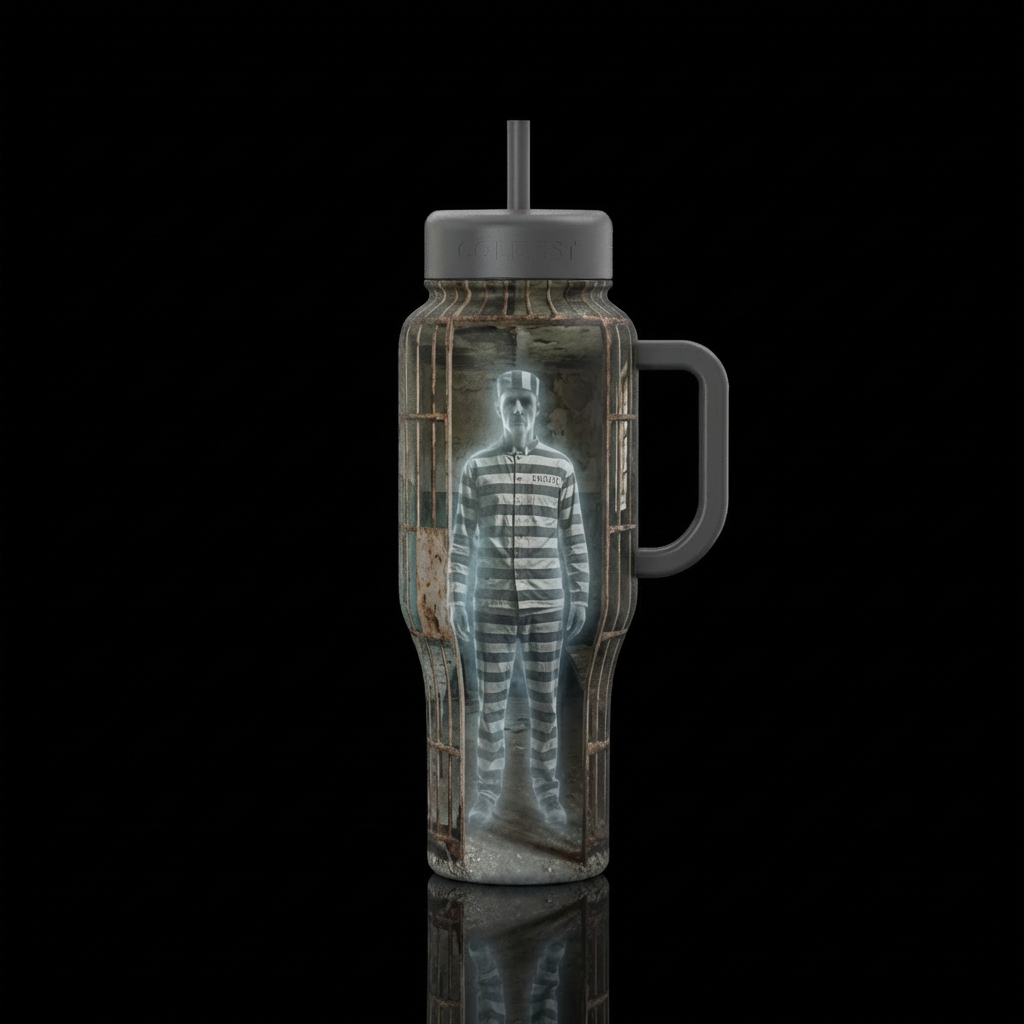 A human looking ghost standing in an abandoned Alc... water bottle design