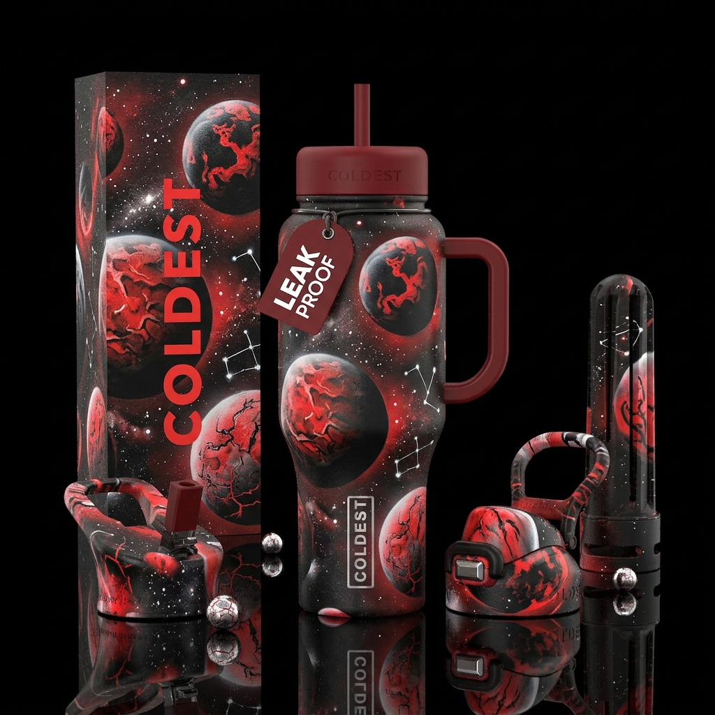 graffiti black and red planets realistic water bottle design