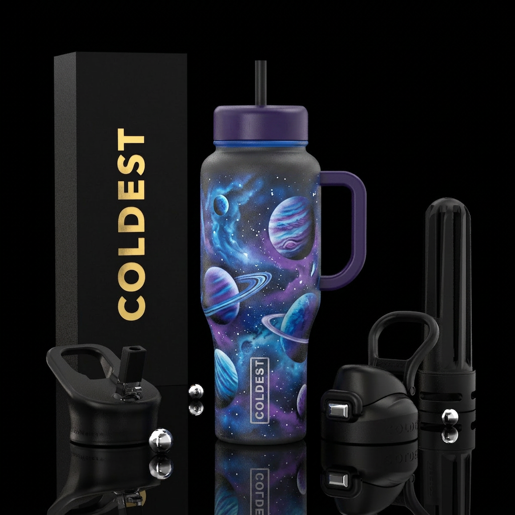 blue and purple realistic graffiti planets water bottle design