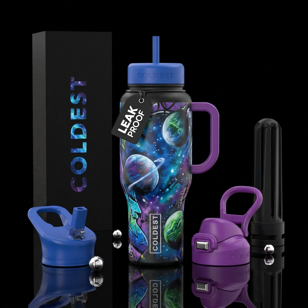 blue and purple realistic graffiti planets water bottle design