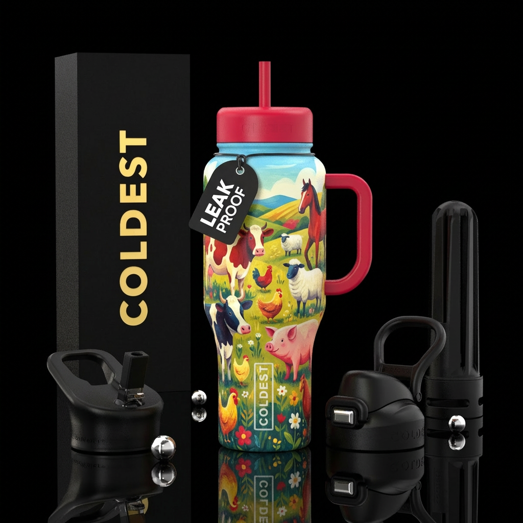 Farm animals in a field water bottle design