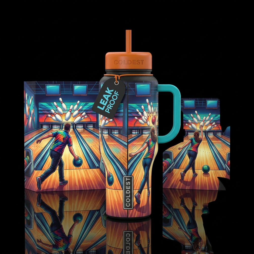 I would like a bowling themed cup depicting a stri... water bottle design