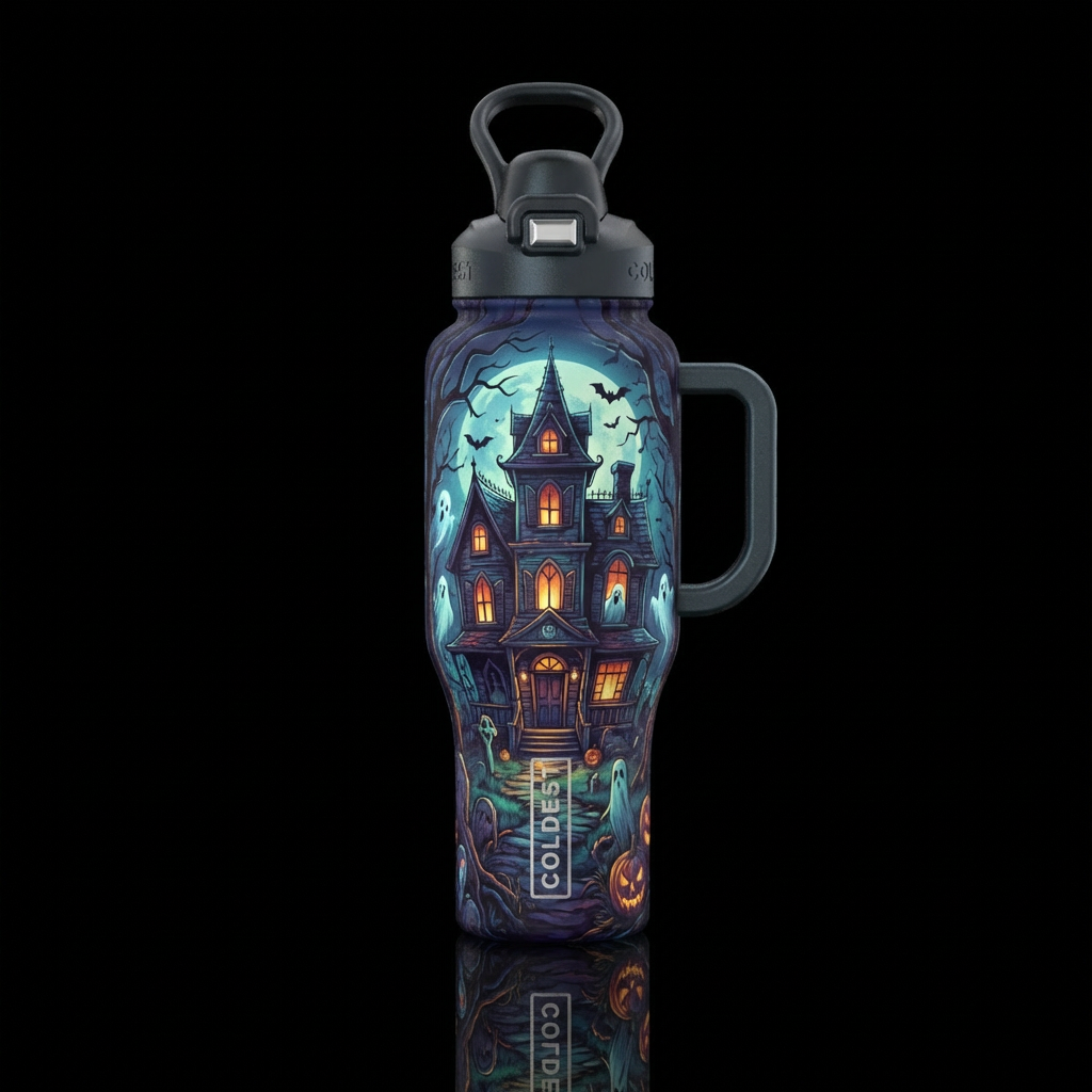 Haunted house, eerie, scary water bottle design