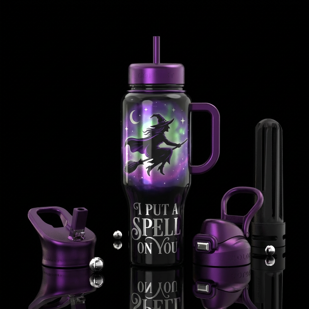 I put a spell on you, flying witch water bottle design