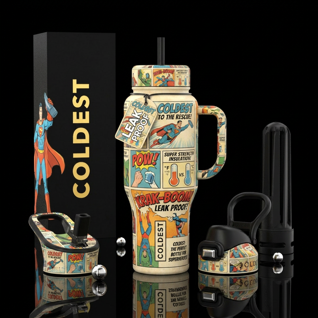 The Coldest Hero Comic Edition water bottle design
