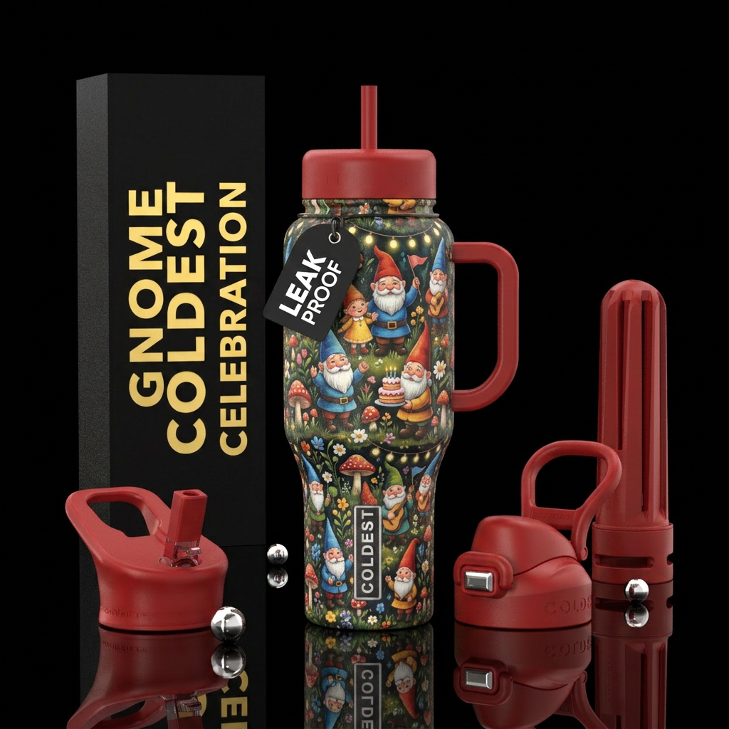 Gnome Party water bottle design