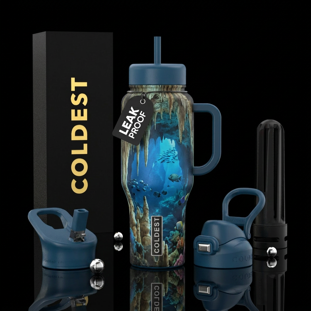 sea inside a cave with stalagtites and stalagmites water bottle design