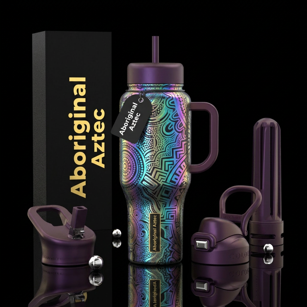 Ancient aztec design, aboriginal, irridescent water bottle design