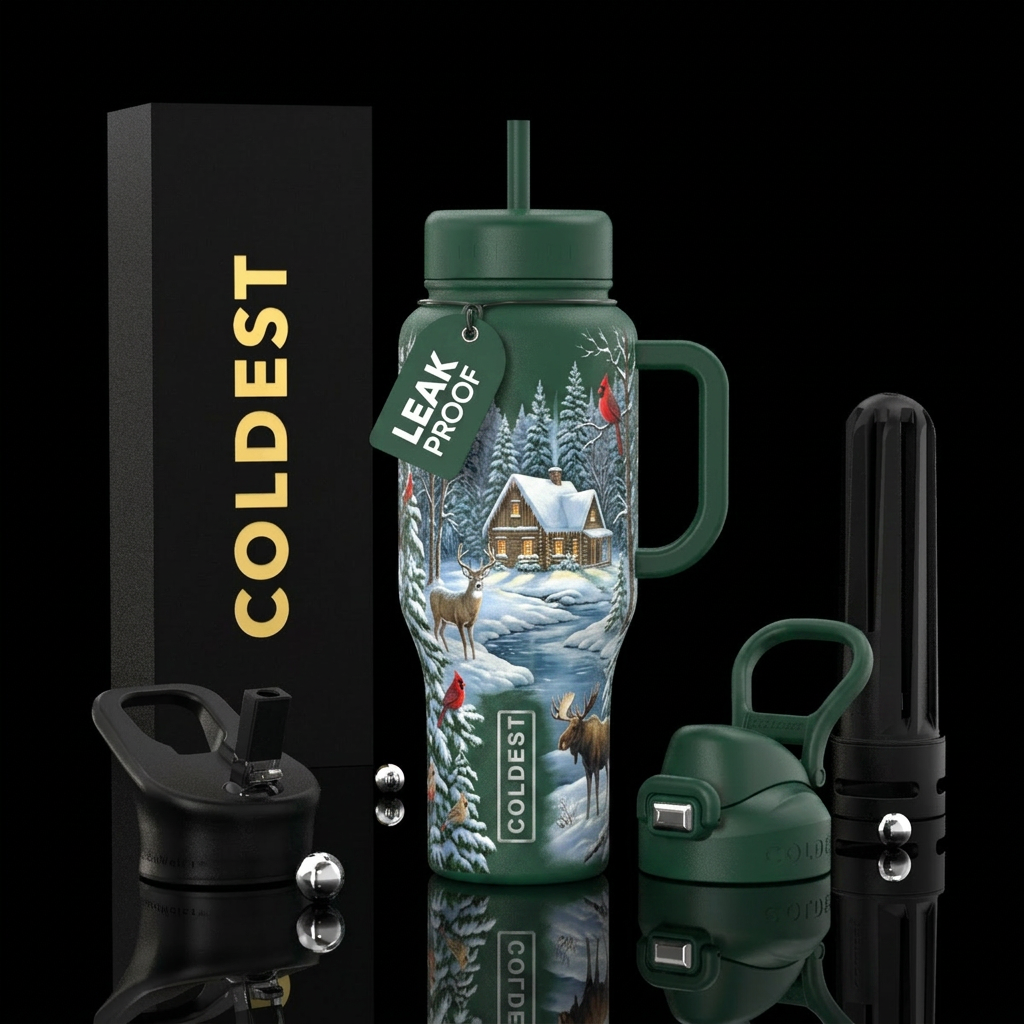 winter scene, rustic cabin, forest in background, ... water bottle design